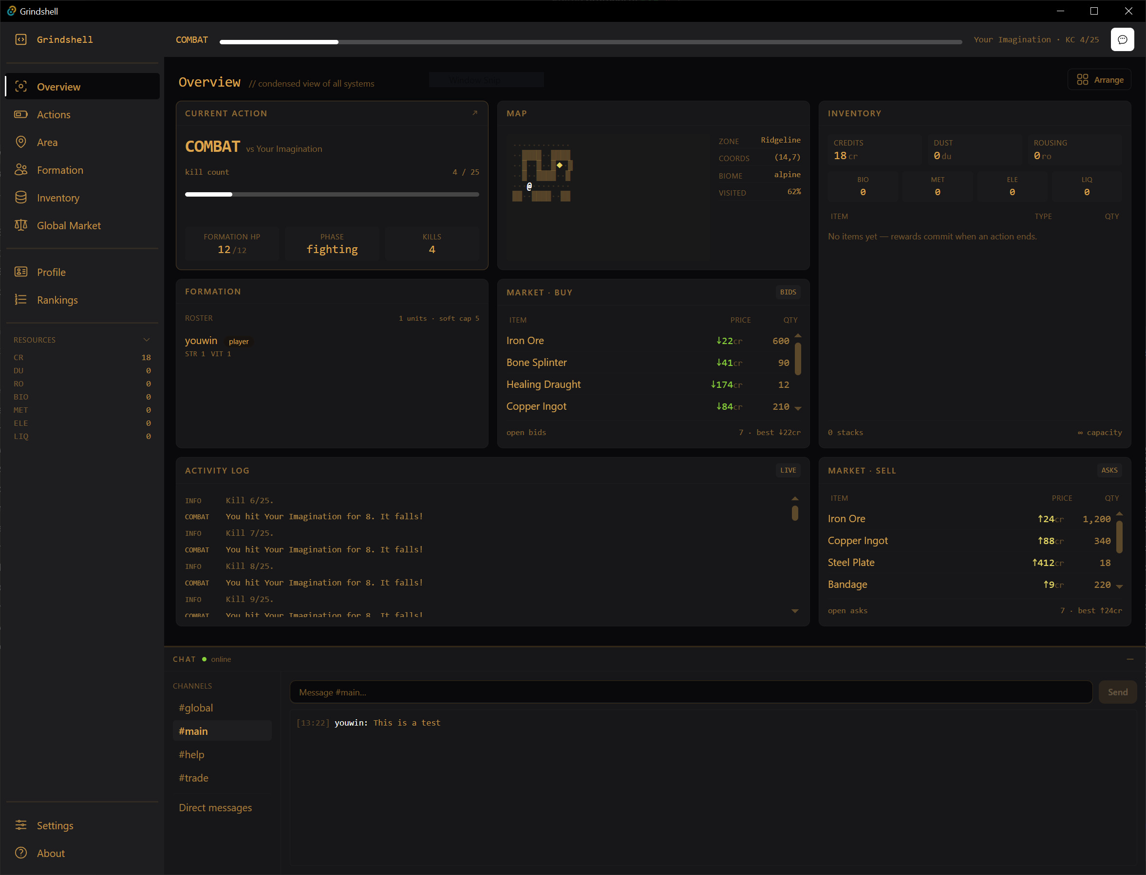 The Grindshell game client, showing recent progress on the in-game UI. The Grindshell game client, showing recent progress on the in-game UI.