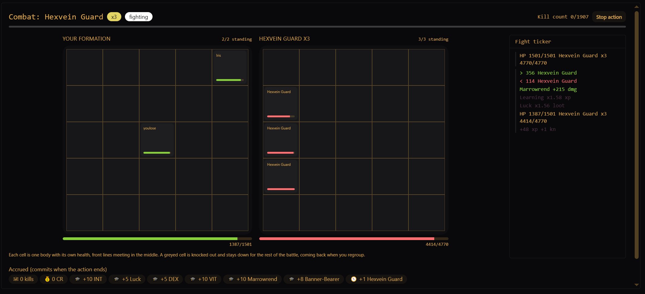 Idle combat in the Grindshell client: two formation grids side by side, one cell per body with its own health bar, pooled health beneath each side, and a fight ticker alongside.