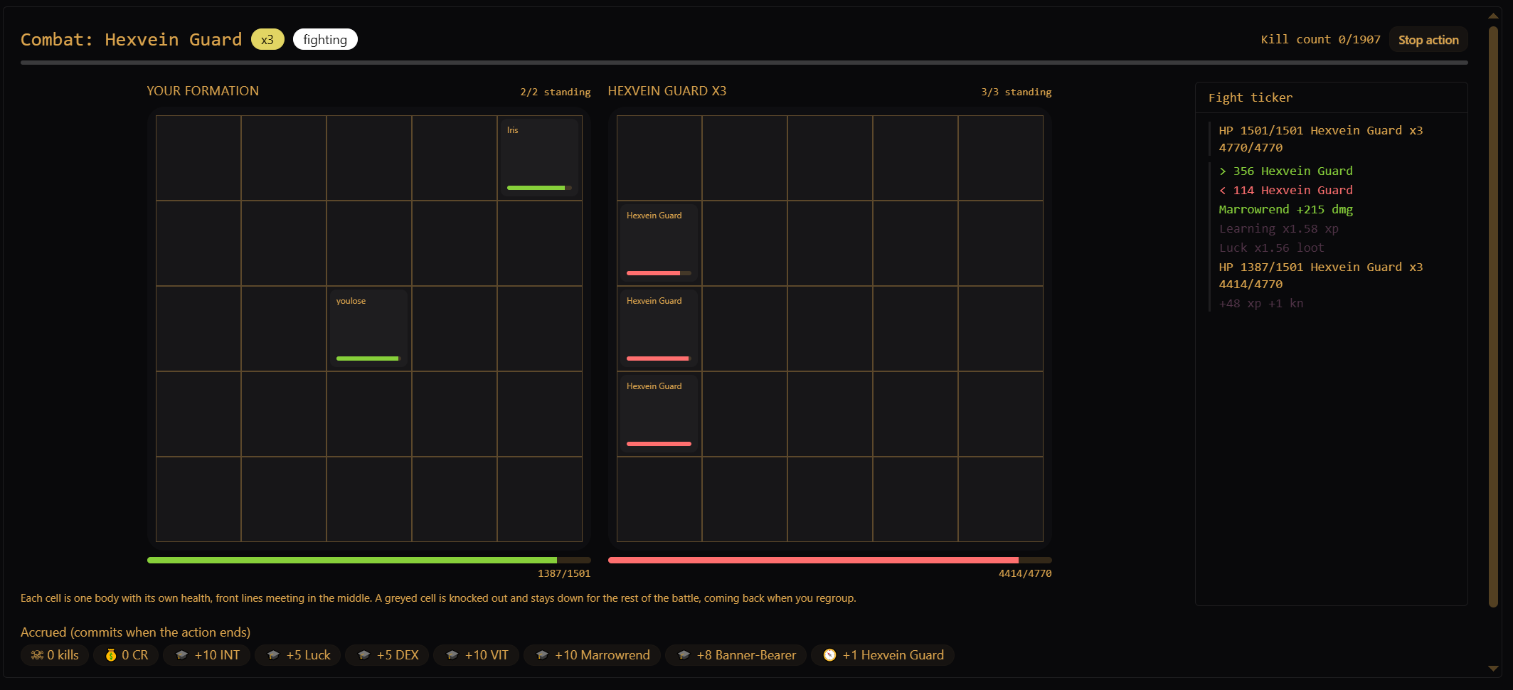 Idle combat in the Grindshell client: two formation grids side by side, one cell per body with its own health bar, pooled health beneath each side, and a fight ticker alongside.