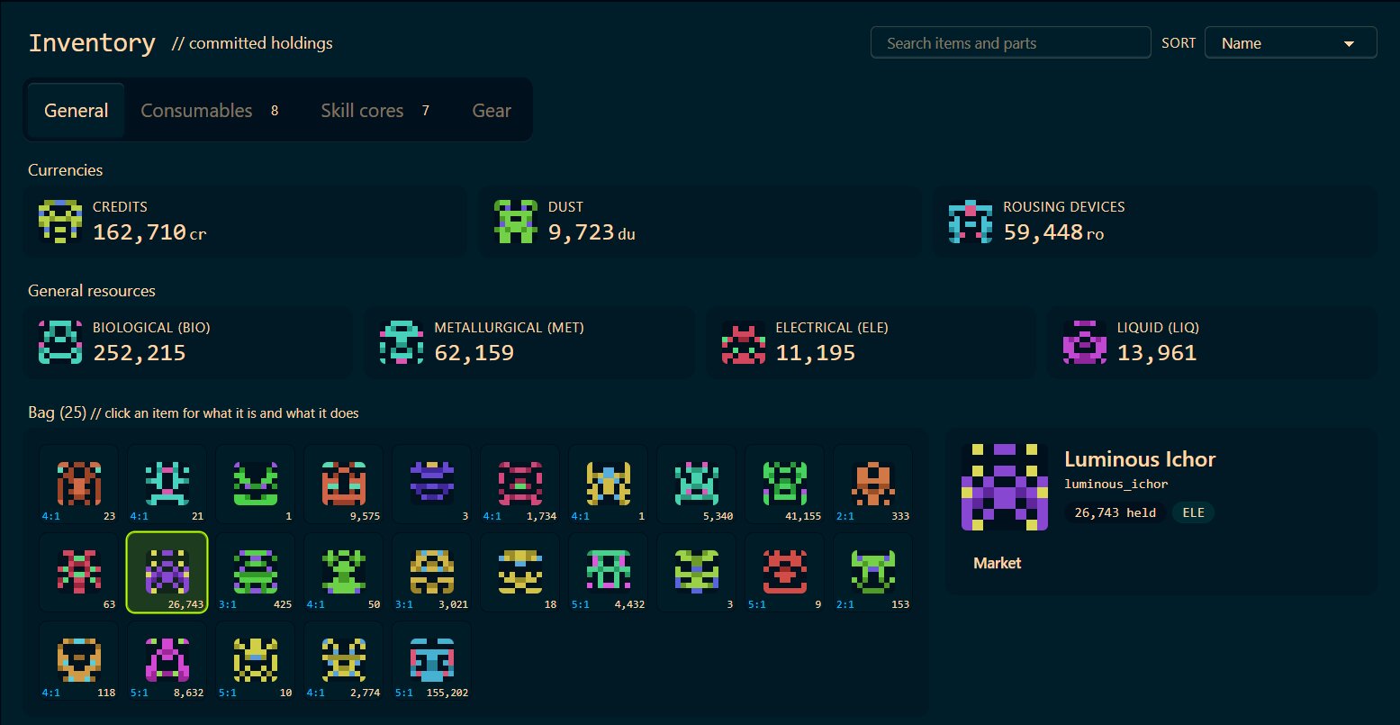 The new inventory view. Items are displayed in a grid using icons instead of as a table. The new inventory view. Items are displayed in a grid using icons instead of as a table.